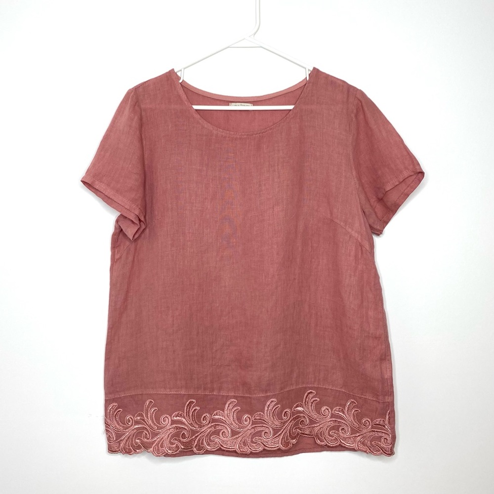 Lina Tomei Linen Floral Embroidered Trim Short Sleeve Pullover Blouse Dusty Rose - Picture 1 of 8
